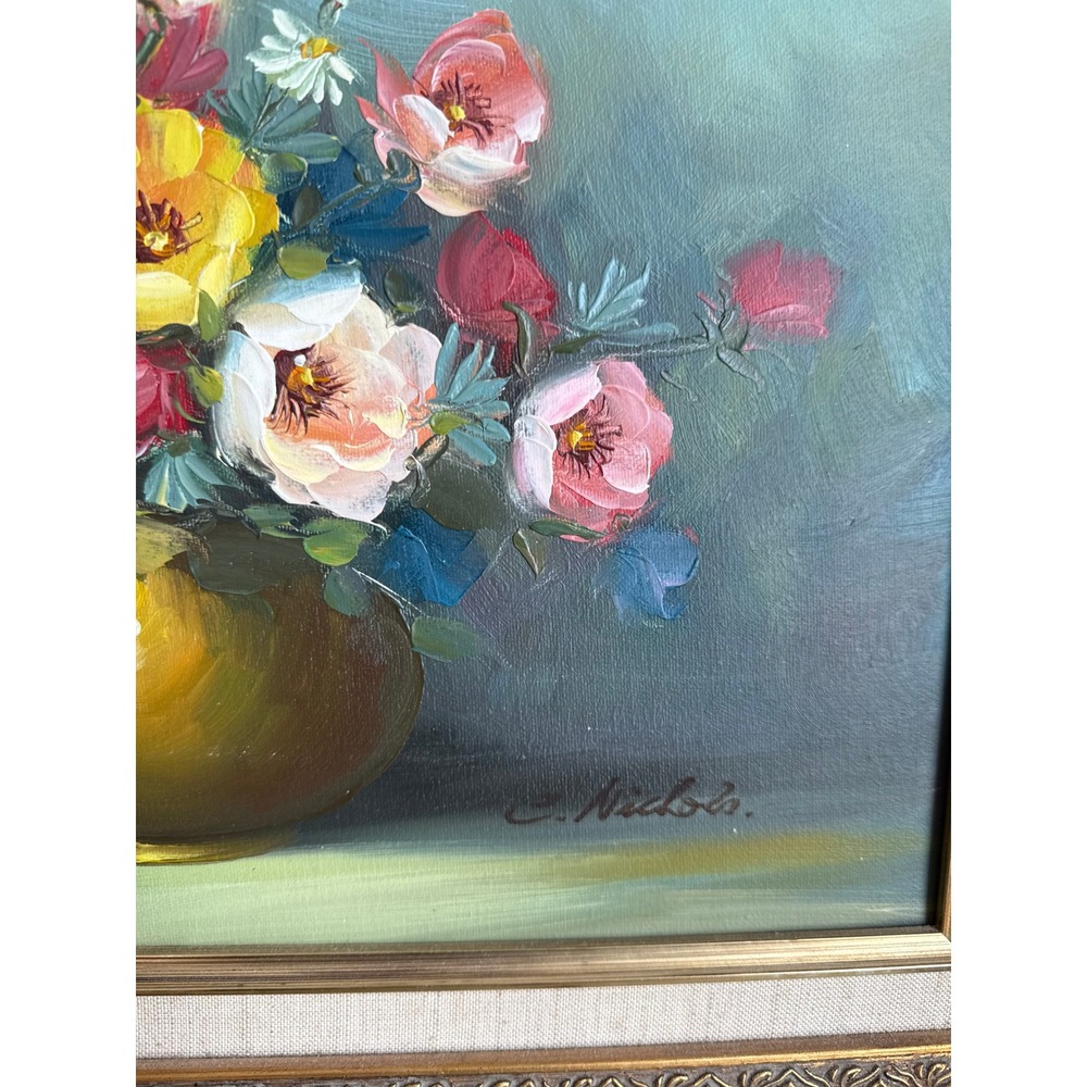 Vintage C Nichols Oil Flower Painting Ornate Gold Gilt Frame Floral Wall Art - Picture 2 of 4